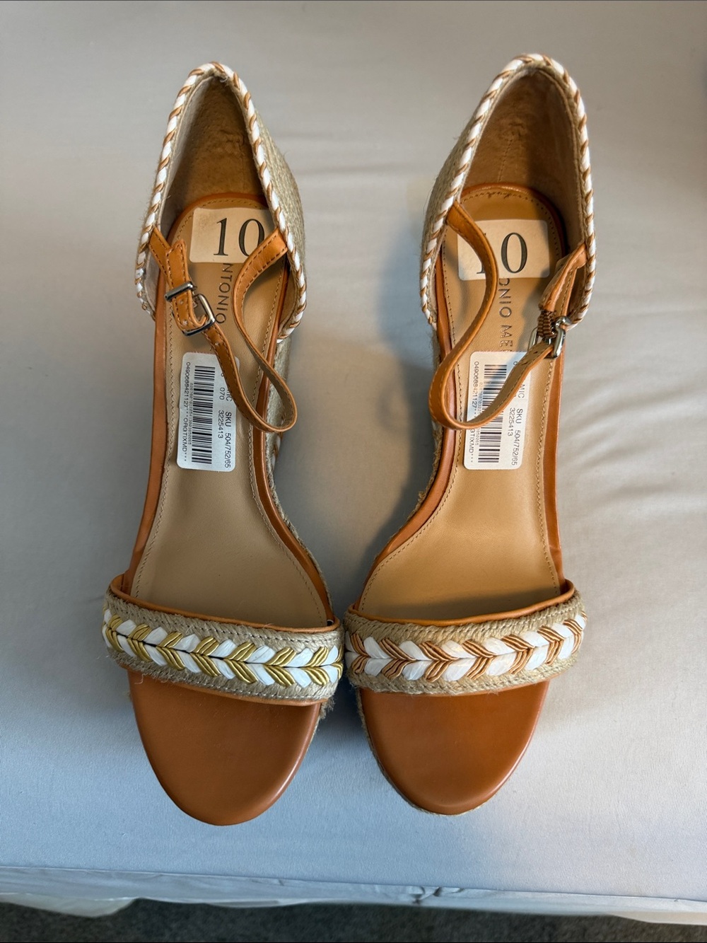 ANTONIO MELANI Tan, White and Gold Braided Ankle-Strap Heels